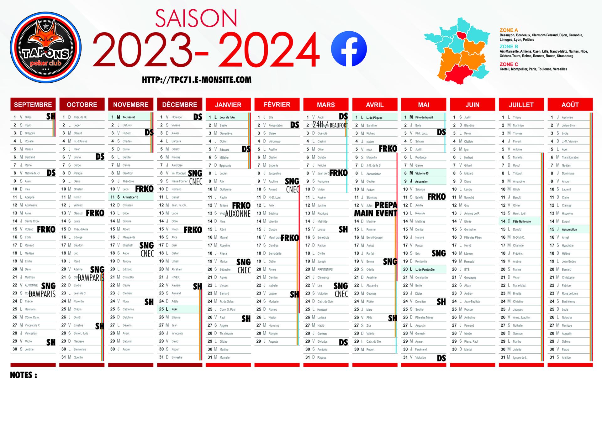 Tapons calendrier 2023 24